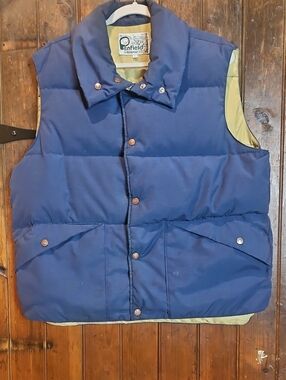 Penfield Blue Quilted Puffer Vest with Contrasting Tan Lining